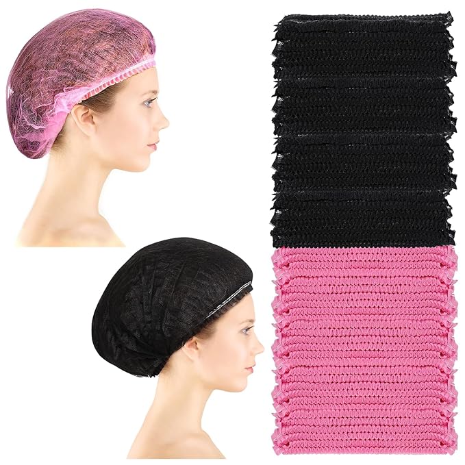 Geyoga 200 Pcs Disposable Nonwoven Bouffant Caps 21 Inch Hair Net Elastic Cap Hair Cover Hats for Beauty Salon Hospital Spa Catering Dust-free Workspace (Pink,Black)