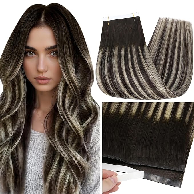 Full Shine Genius Weft Tape Weft Hair Extensions Color 2/60/2 Dark Brown Ombre Blonde And Brown 24Inch Long Wide Tape in Hair Extensions for Women 50G One Piece Full Head Bridal Hairstyles Soft