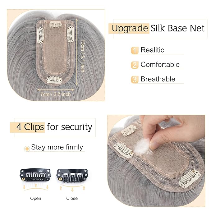 SEGO Grey Hair Toppers for Women Real Human Hair No Bangs, 7 * 13 CM Silk Base Clip In Topper Wiglet, Top Pieces Add Volume -10 Inch G1 Silver Grey