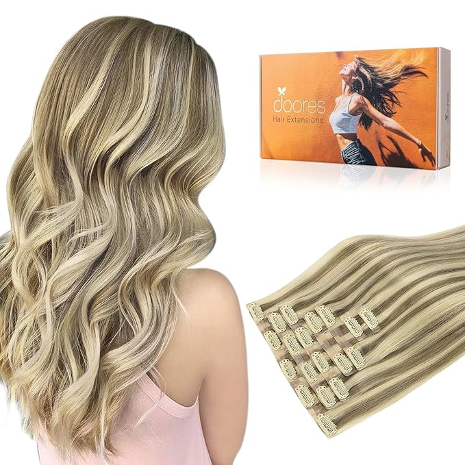 DOORES Hair Extensions Clip in Human Hair - Light Brown Highlighted Medium Blonde, 14 Inch, 110g, 7pcs, Seamless, Natural Straight, Invisi Edge