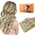 DOORES Seamless Human Hair Clip in Extensions, Light Brown Highlighted Medium Blonde 20 Inch 150g 7pcs, Virgin Silky Straight Thick Hair Extensions