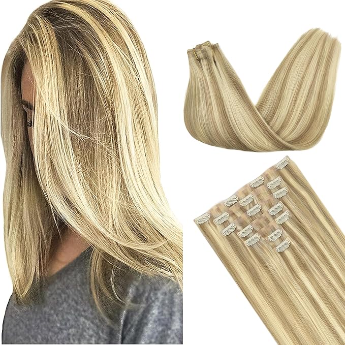GOO GOO Clip in Hair Extensions Real Human Hair, Remy Human Hair Extensions Clip ins for Women, Natural Human Hair, 16inch 130g 7Pcs, 16/22 Light Blonde Highlighted Golden Blonde