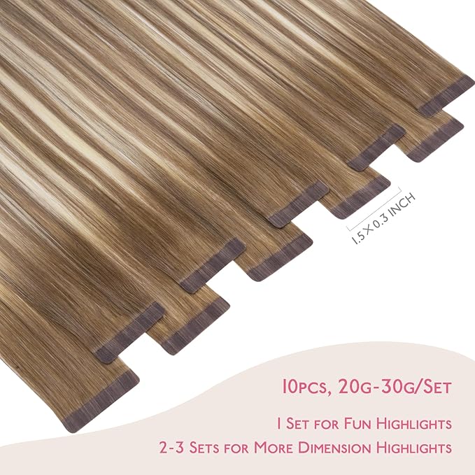 WENNALIFE Tape in Hair Extensions Human Hair Balayage Dirty Blonde with Platinum Ends Tape in Extensions, 10pcs 30g 20 inch Remy Invisible Tape Ins Straight Colored Soft Refill Set