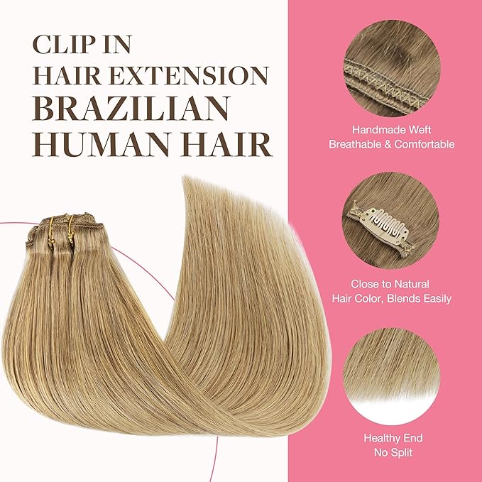 GOO GOO Clip in Hair Extensions Real Human Hair, Remy Human Hair Extensions Clip ins for Women, Natural Human Hair, 20inch 150g 9Pcs, 7 Bronde