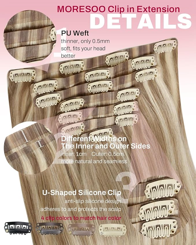 Moresoo Blonde Seamless Clip in Hair Extensions Real Human Hair Blonde Highlights Clip ins Human Hair Invisible Golden Brown with Platinum Blonde for Full Head 120g/7pcs 16 inch