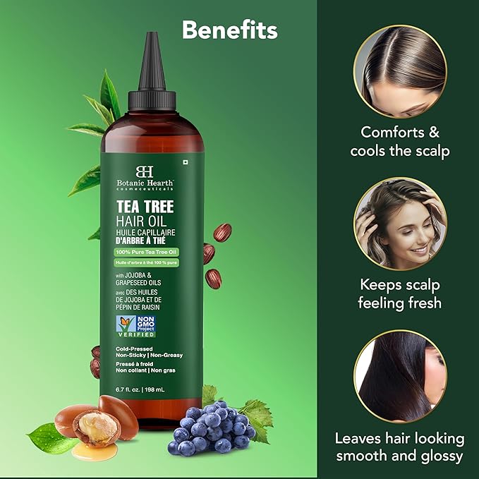 Botanic Hearth 100% Pure Tea Tree Oil For Hair Growth | Infused with Jojoba & Grapeseed Oils | Hair Oil Repairs Dry Damaged Hair, Strengthening, Healthier - Hair Tonic, 6.7 fl oz