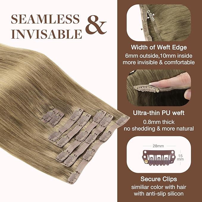 GOO GOO Clip in Hair Extensions Real Human Hair, Remy Human Hair Extensions Clip ins for Women, Natural Human Hair, 20inch 150g 7Pcs, 7 Bronde