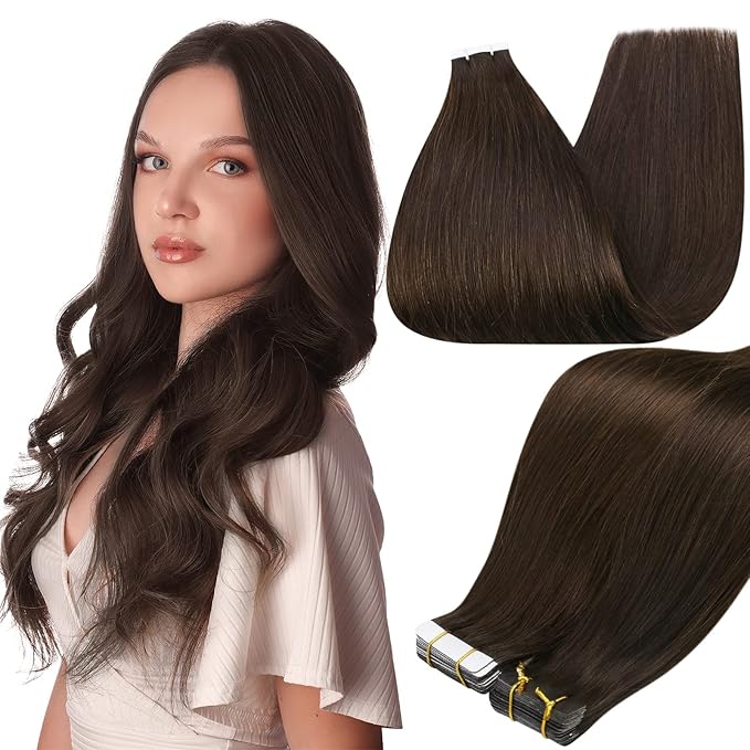 Full Shine Tape in Hair Extensions Human Hair Color 2 Darkest Brown Seamless Invisible Remy Tape in Extensions Human Hair 26Inch Long Straight Skin Weft 50Gram 20Pcs for Women Add Length