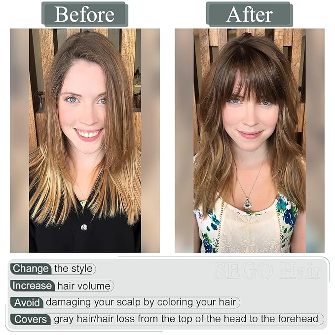 SEGO Hair Toppers for Women Real Human Hair, Clip In Topper Pieces with Front Bangs for Thinning Hair, Straight, 150% Density, Silk Base, 8 Inches,#2 Dark Brown