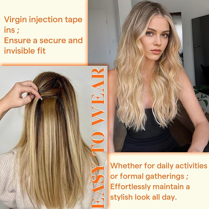 Full Shine Insert Tape in Hair Extensions Color 4/7/80 Medium Brown and Blonde Seamless Injection Tape in Extensions Human Hair 20Inch Soft Remy Real Extensions 25Gram 10Pcs for Wedding