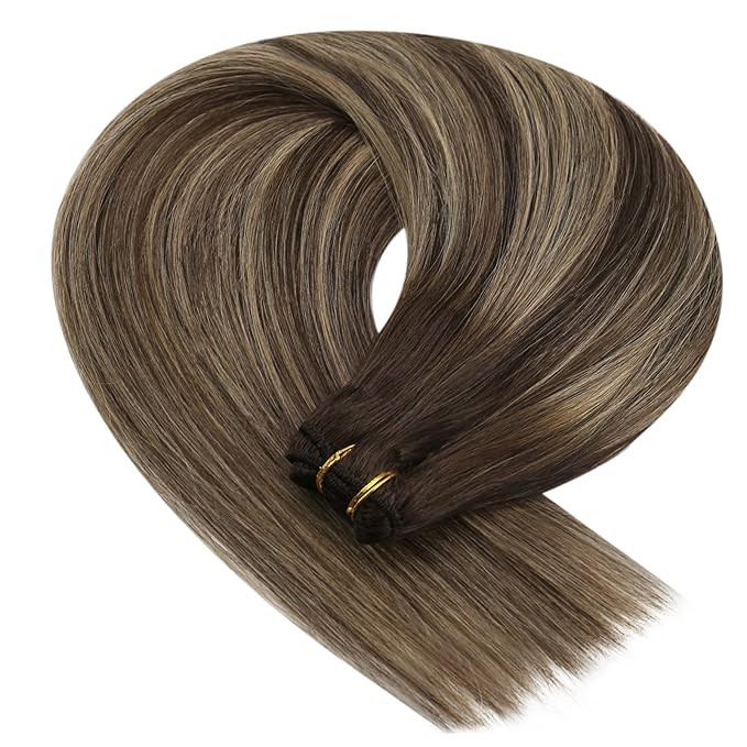 YoungSee Weft Hair Extensions Balayage Dark Brown Mix Caramel Blonde Human Hair Sew in Extensions Ombre Hand Tied Weft Hair Extensions Human Hair 22Inch 100G