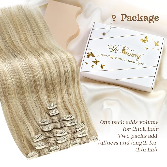Ve Sunny Real Hair Extensions Clip in Human Hair Double Weft Remy Hair Extensions Clip in Extensions Human Hair for Women Full Head Dark Blonde Highlights Golden Blonde 7pcs 20 inch 120g