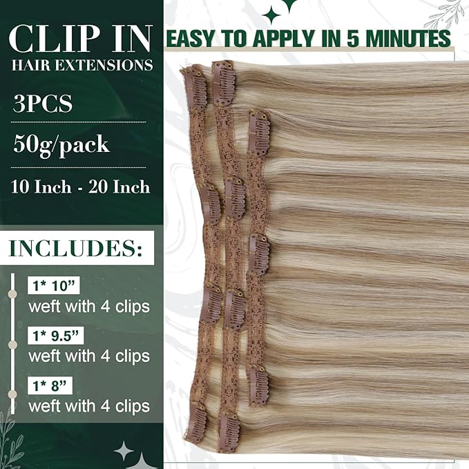RUNATURE Blonde Clip in Hair Extensions, Real Human Hair Clip in Extensions, Short Hair Extensions Clip Ins 12 Inch, Remy Natural Hair, Add Volume, 50g 3pcs #8P60 Light Brown Highlight