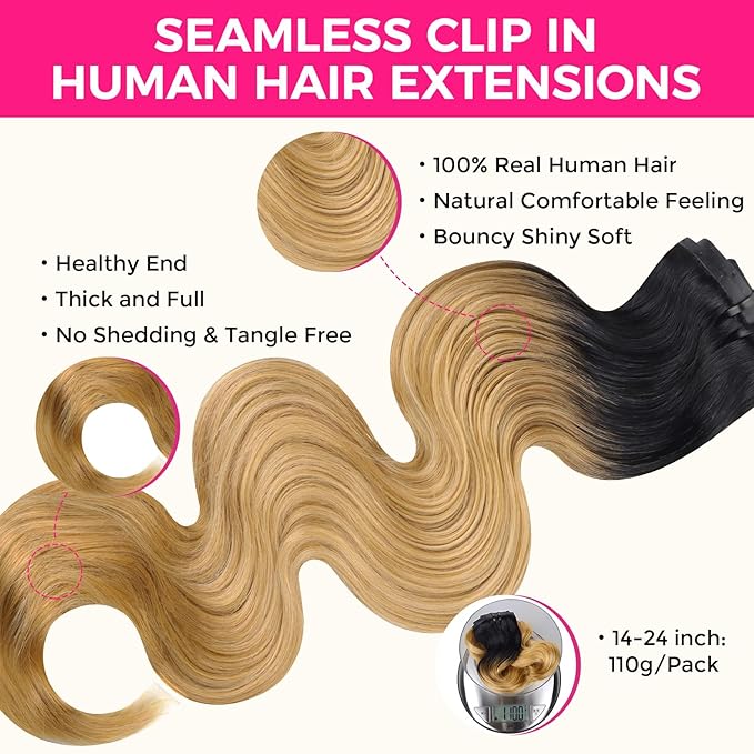 Lashey Body Wave Clip in Hair Extensions Real Human Hair 110g 7pcs 16 Inch Ombre Natural Black to Honey Blonde Seamless Clip in Hair Extensions Human Hair with PU Soft Invisi Edge
