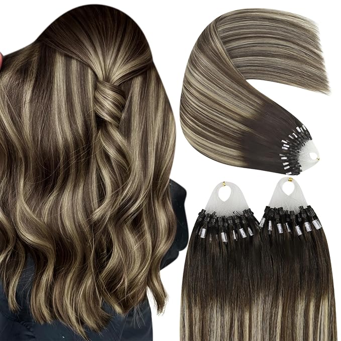 YoungSee Microlink Hair Extensions Human Hair Balayage Micro Bead Hair Extensions Human Hair Dark Brown Roots Ombre Blonde Bead Hair Extension 18In 50g 50s Remy Extension for Thin Hair
