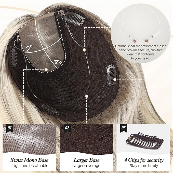 MONO TOP Hair Toppers for Women Human Hair 12 Inch 7"×8" Big Base Partial wig Cover Thinning Hair or Loss No Bangs Top Hair Pieces Natural Wiglets (Blonde Mixed)