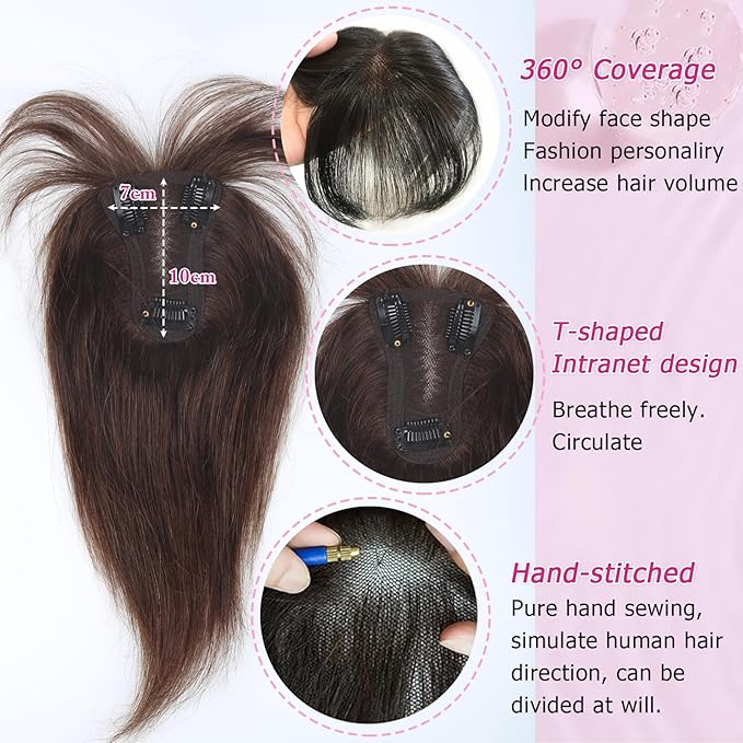 Hair Toppers for Women Real Human Hair Topper Clip in Bangs 360° Cover Remy Human Hair Straight Hairpieces for Thinning Realistic Scalp Swiss Lace Clip on Bangs Cover Gray Hairy Roots Chocolate Brown