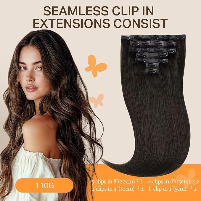 DOORES Human Hair Clip in Extensions, Mocha Brown 110g 7pcs 14 Inch, Seamless Clip in Hair Extensions Human Hair Extensions Clip in Straight Trick Hair Invisi Edge Hair Extensions Remy Natural Hair
