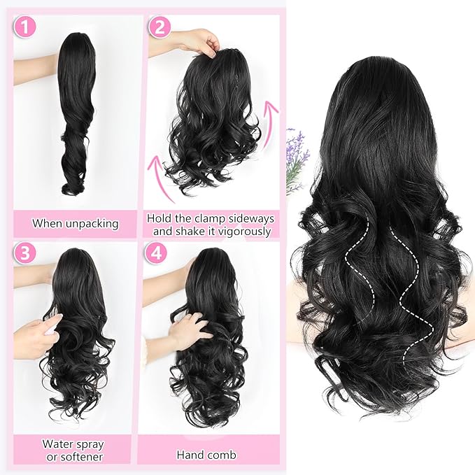 ALXNAN Ponytail Extension,18 Inch Claw Clip in Long Curly Wavy Black Ponytail Hair Extension Jaw Clip on Pony Tails Hairpiece for Women