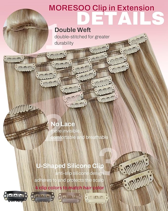 Moresoo Clip in Hair Extensions Remy Double Weft Human Hair Clip in Extensions Straight Hair Extensions for Women Light Brown Highlights with Blonde 7pcs 150g 22inch