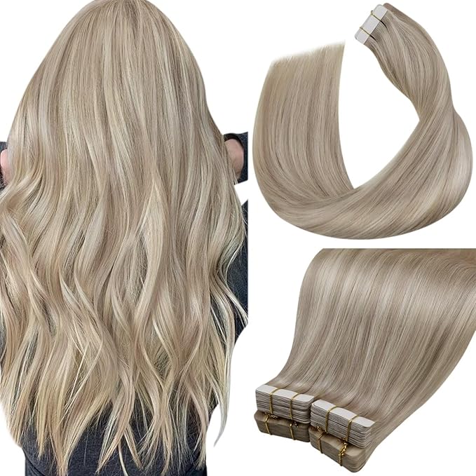 LaaVoo Human Hair Tape in Extensions Ash Blonde Tape in Hair Extensions Human Hair Highlights Blonde with Ash Blondes 00G 40pcs 14Inch