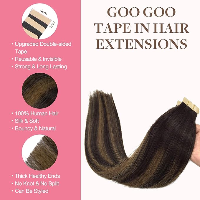 GOO GOO Tape in Hair Extensions Human Hair, 2/6/2 Balayage Dark Brown to Chestnut Brown, 18inch 50g 20pcs, Skin Weft Seamless Invisible, Silky Straight with Thick Ends, Remy Human Hair