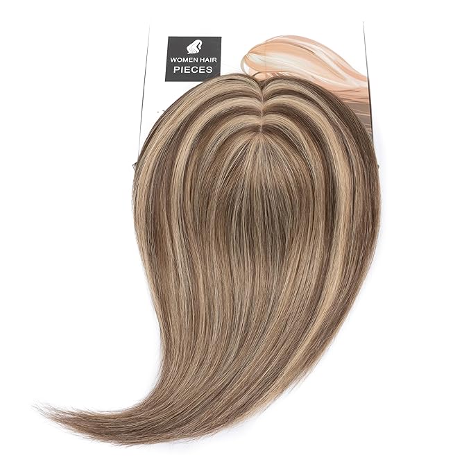 Rich Choices Hair Toppers for Women Real Human Hair 100% Human Remy Toppers NO Bangs with Thinning on Top Clip in Hairpiece 4"x4.7"Lace Base 16 Inch #4P27 Medium Brown Highlights Dark Blonde