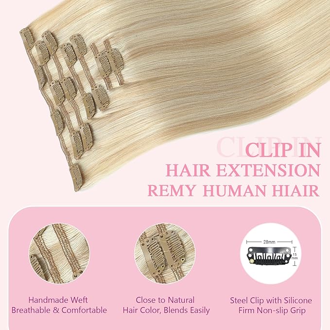 PINKPEARL Clip in Hair Extensions #27P60 Caramel Blonde Highlighted Platinum Blonde 120g 7pcs 14 Inch Clip in Hair Extensions Real Human Hair Hair Extension Clip Ins(#27P60-14)