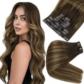 Full Shine Human Clip in Hair Extensions Ombre Seamless Clip ins Dark Brown Balayage Medium Brown Mix Honey Blonde Black Hair Extensions 16 Inch 120 G 8 PCS