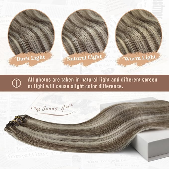 Ve Sunny Clip in Hair Extensions Real Human Hair for Women Full Head Straight Remy Clip in Extensions Light Brown Highlights Platinum Blonde 7pcs 120g 16 inch