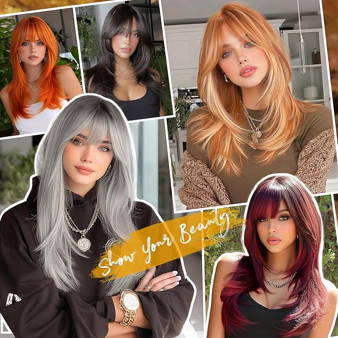 SOFEIYAN Long Straight Layered Wine Red Wig with Bangs 24 Inch Synthetic Natural Hair Burgundy Wig Soft Heat Resistant Long Wigs for Women Daily Party Use