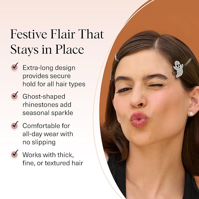 Kitsch Extra Long Metal Rhinestone Bobby Pins – Ghost Design Sparkly Hair Pins – Halloween Hair Accessories – Secure Hold Bobby Pins for Women, Festive Styling | Ideal Gifts for Women - 4pc Set