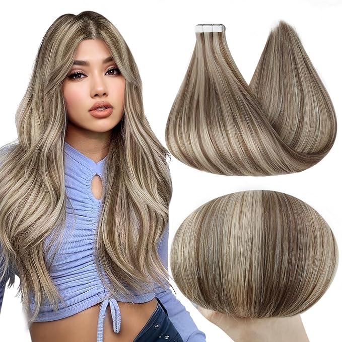 Full Shine Tape in Real Human Hair Extensions Color 8 Light Brown Highlight with 60 Blonde Tape in Extensions 30 Gram Remy Tape in Hair Extensions 20 Pcs 12 Inch Invisible Straight Soft for Wedding