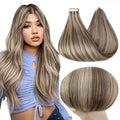Full Shine Tape in Hair Extensions Human Hair Color 8 Ash Brown and 60 Blonde 14 INCH Highlight Tape in Extensions Natural Seamless Soft Remy Women 50G 20Pcs