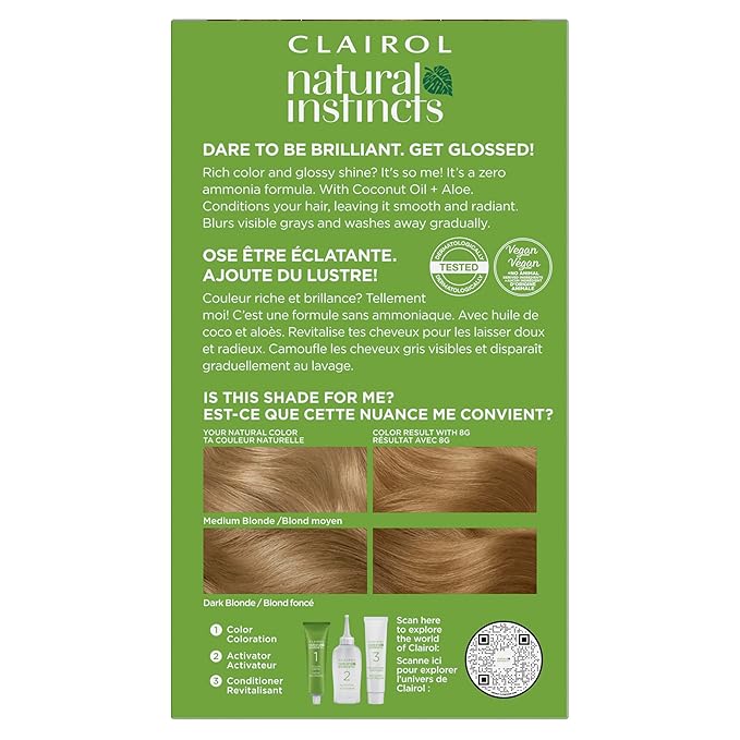 Clairol Natural Instincts Demi-Permanent Hair Dye, 8G Medium Golden Blonde Hair Color, Pack of 1