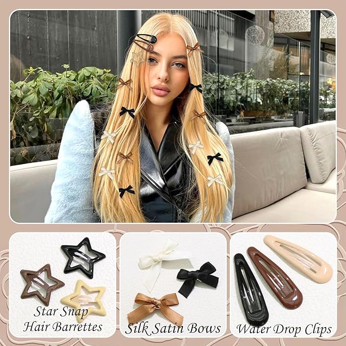 36Pcs Brown Mini Bow Hair Clips Y2K Star Metal Snap Hair Barrettes Small Hair Bows Water Drop No Slip Hair Clips for Women Cute Bowknot Star Hair Pins Accessories for Girls