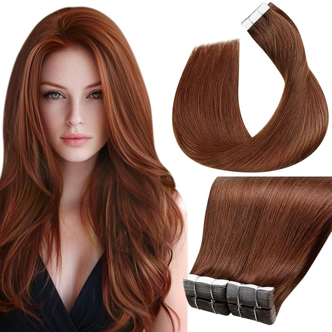 LaaVoo Tape in Extensions Human Hair Auburn Brown Hair Extensions Tape in Seamless Tape on Hair Extension Soft Hair 16inch 40pcs 100g