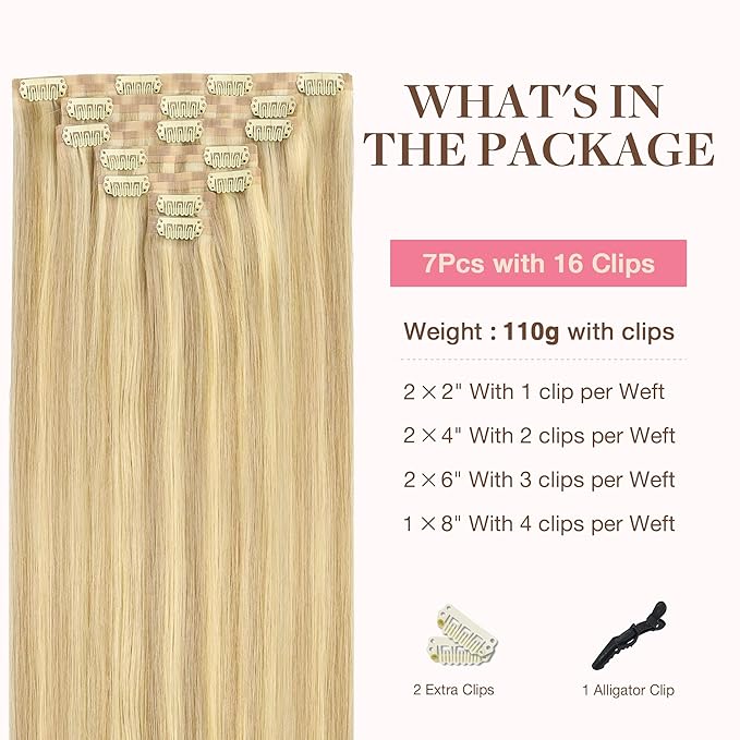 GOO GOO Clip in Hair Extensions Real Human Hair, Remy Human Hair Extensions Clip ins for Women, Natural Human Hair, 20inch 110g 7Pcs, 18D/22F Dirty Blonde Highlights
