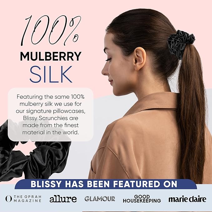 Blissy Silk Scrunchies (3 Pack) - 100% Pure Mulberry Silk - 22 Momme 6A High-Grade Fibers Scrunchie for Straight & Curly Hair - Preventing Breakage, Tangling, & Creasing (Black Regular)