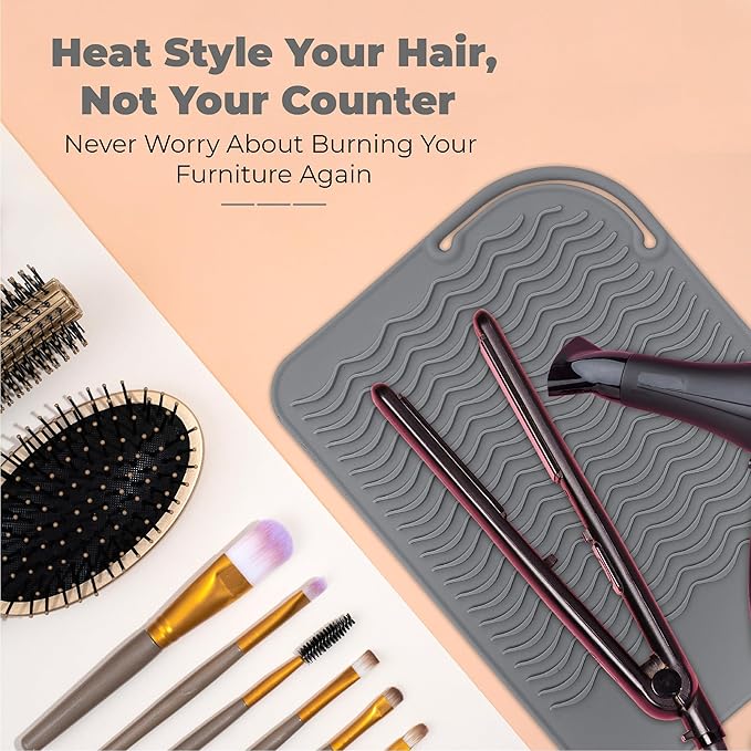 Silicone Hair Tool Holder & Heat Mat - Heat Resistant Mat for Hair Tools, Flat Iron, Curling Iron, Anti Heat Pad for Hair Straighteners - Professional Soft Rubber Pad & Flat Iron Cover