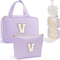 YOOLIFE Travel Toiletry Bag for Women - Hanging Toiletry Bag Makeup Bag, Portable Toiletries Cosmetic Bag, Airplane Travel Essentials - Letter V, Purple