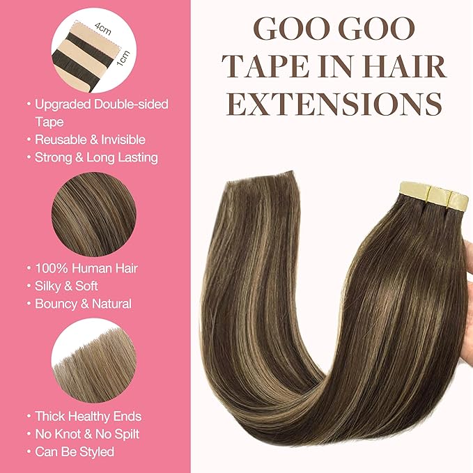 GOO GOO Tape in Hair Extensions Human Hair, 4/27/4 Balayage Chocolate Brown to Caramel Blonde, 18inch 50g 20pcs, Skin Weft Seamless Invisible, Silky Straight with Thick Ends, Remy Human Hair