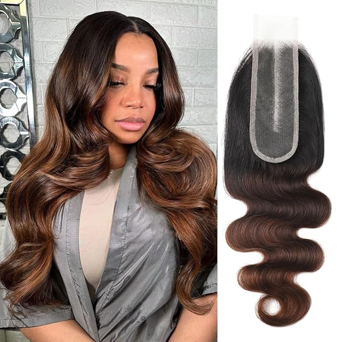 2x6 HD Lace Closure Body Wave Human Hair T1B/2/30 Chestnut Brown Ombre Transparent Lace Closure 2x6 Long Middle Part 100% Raw Virgin Human Hair 18 Inch 150% Density