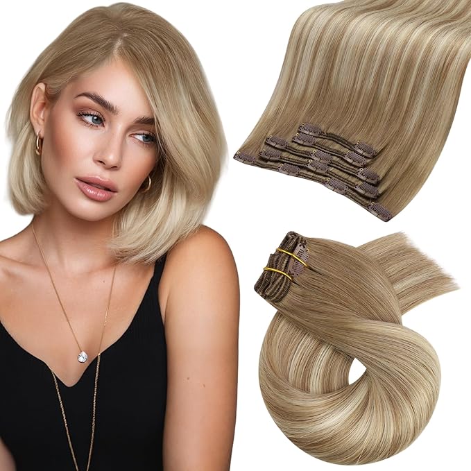 Moresoo Blonde Ombre Clip in Hair Extensions Real Human Hair Short Balayage Light Brown to Golden Blonde with Light Brown Clip in Extensions for Straight 80g/5pcs 10 inch
