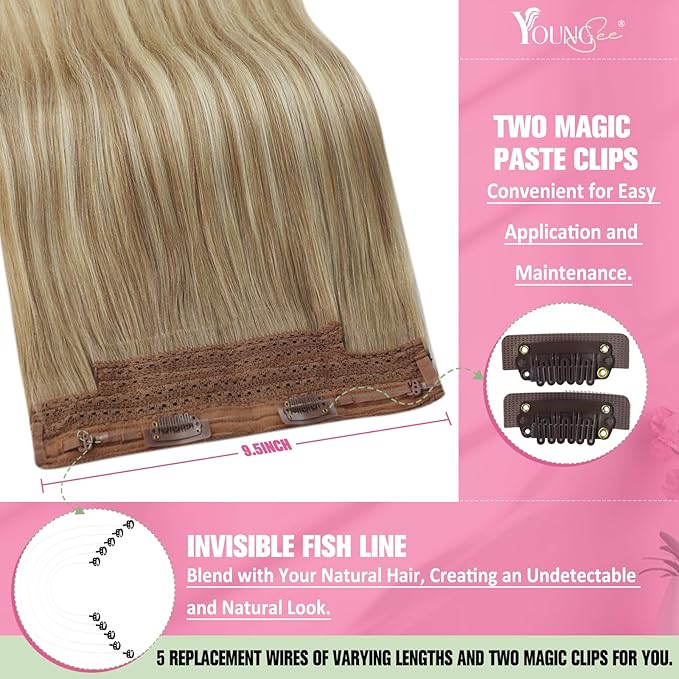 YoungSee Wire Human Hair Extensions Light Brown Invisible Wire Hair Extensions Balayage Light Brown Mix Platinum Blonde Fish Line Hair Extension with Extra Clips 80G 18In