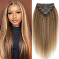 Kinky Straight Clip in Hair Extensions Real Human Highlight Clip ins For Women Unprocessed Clip on Hair Extensions(22inch,#4/27/4)