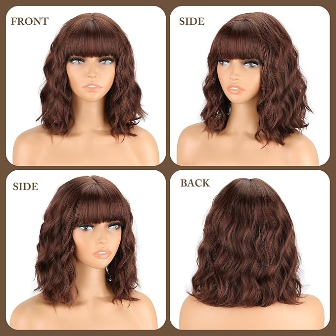 MISSQUEEN Brown Wavy Wigs With Bangs Curly Short Bob Wigs for Women for Heat Resistant Fiber Synthetic Colorful Wig for Daily Party Cosplay Chrismas Halloween Used
