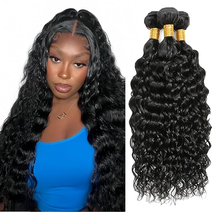 30 32 34 Inch Water Wave Bundles Human Hair Color 1B Bundles Peruvian Virgin Remy Hair Extensions Niegmeag Double Weft Natural Black Wet and Wavy Bundle Hair Weave