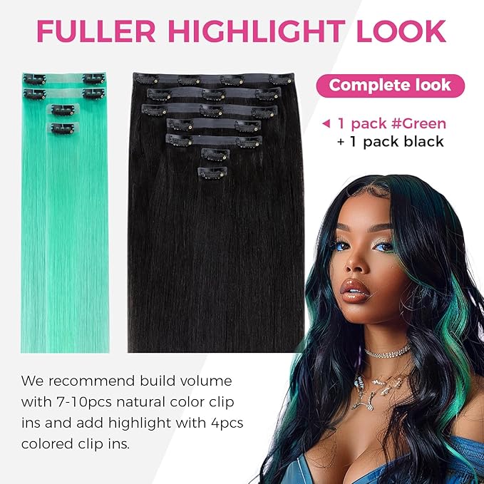 Lashey Seamless Clip in Hair Extensions Human Hair 4pcs 37g Green 14 Inch Straight Hair Extensions Clip ins with PU Soft Invisi Edge