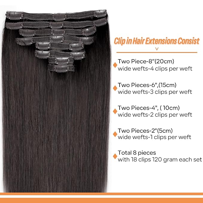 Straight Clip In Hair Extensions Real Human Hair 8Pcs Clip In Dark Brown Human Hair Extensions with 18Clips Lace Weft 120g 16inch